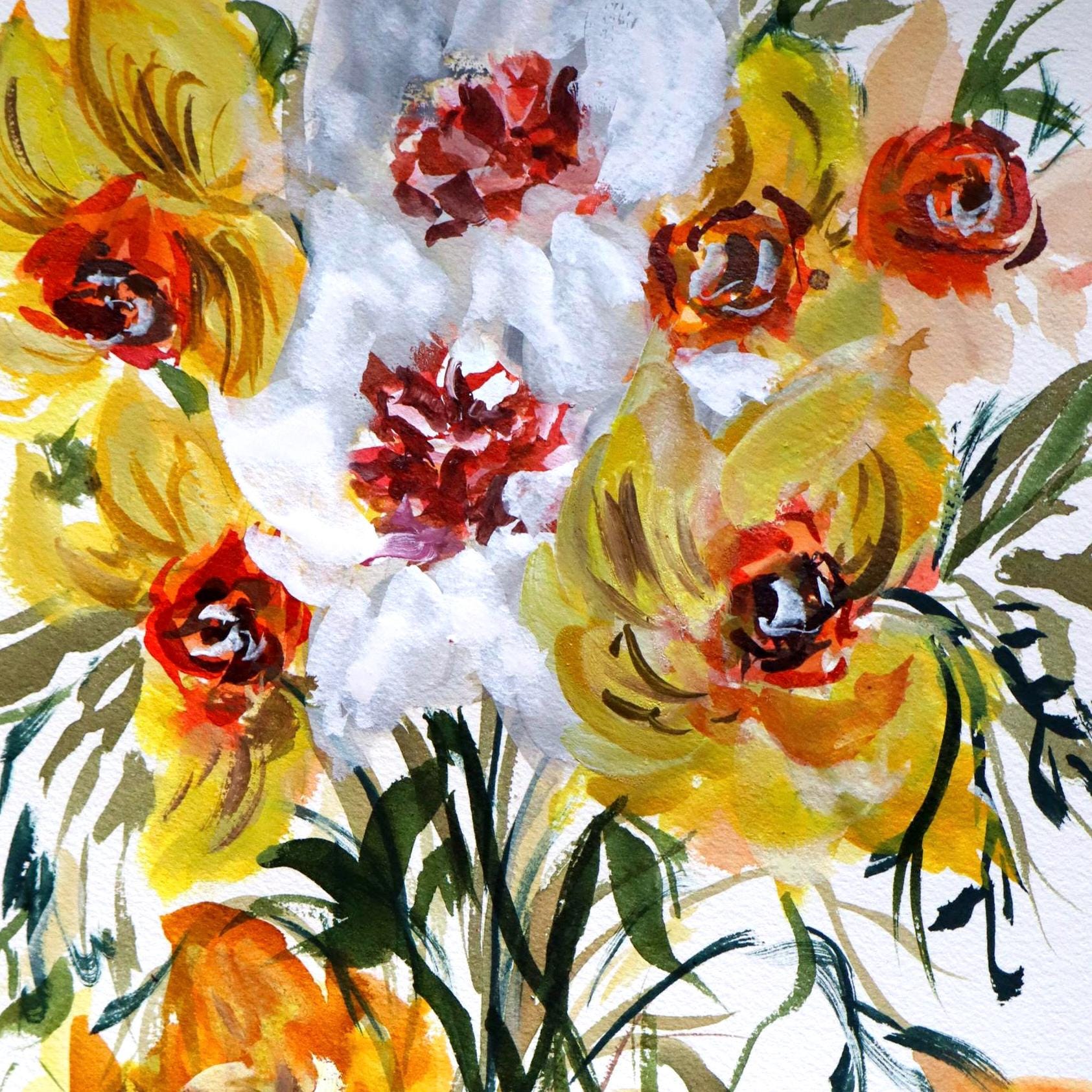 Original Floral Gouache Painting”Daffodil Season”/ 9x12 vertical painting/ impressionist and contemporary art/ daffodils