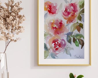 Pintura original de rosas en acuarela - Arte floral para pared, firmada