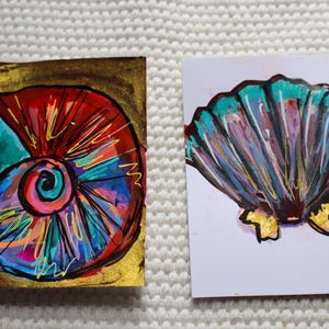 Original Nautilus and Scallop Shell ACEO Art, Watercolor Marker Mini Paintings (Set of 2)