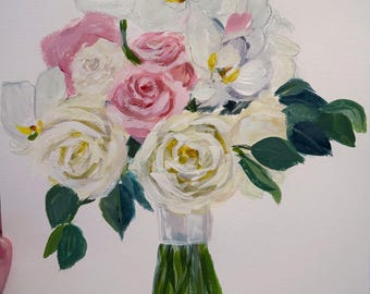 May include: A floral painting of a bouquet featuring white roses, pink roses, and white orchids with yellow centers. The bouquet is tied with a white ribbon and green stems. The artist's signature is in the bottom right corner.