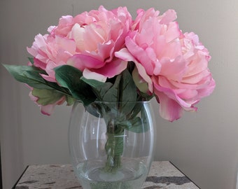 Silk Pink Peony Arrangement in Faux Water-Valentine's Artificial Flowers-Modern Decor-Floral Arrangement-Table Centerpiece-Gift-Mothers Day