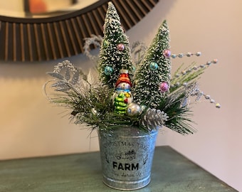 Retro Christmas Bottle Brush Tree Farm Bucket Arrangement