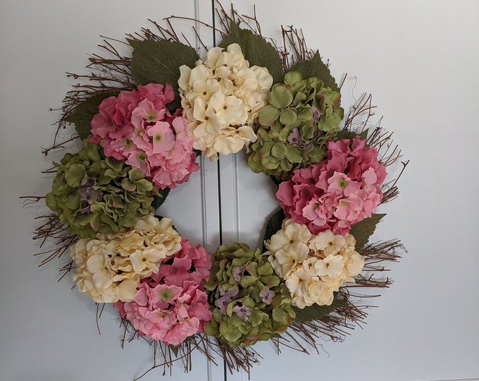 Featured listing image: Spring Summer Silk Flower Front Door Grapevine Wreath Hydrangeas Greenery