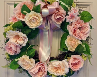 Spring Silk Flower Front Door Grapevine Wreath-Rose Dahlias