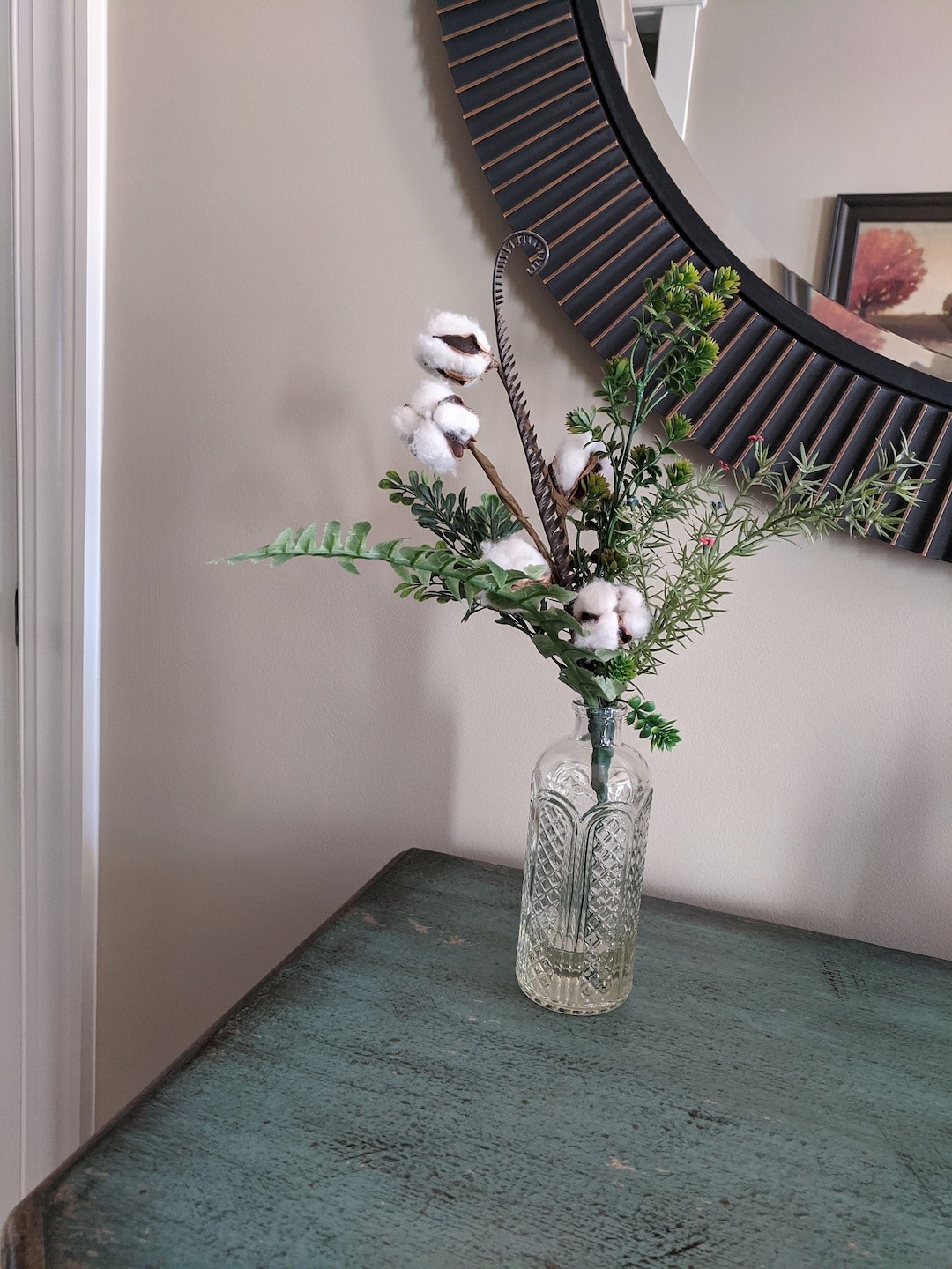 Vintage Glass Vase Cotton Stemsvase Boxwood Hops Fern Etsy