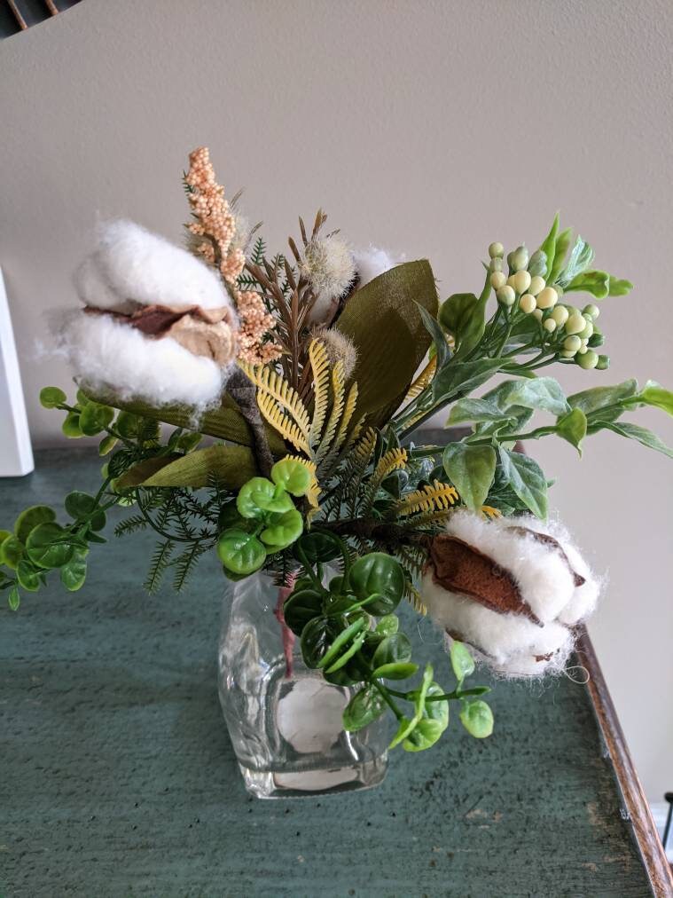 Cotton Boll and Greenery Glass Vase Arrangement