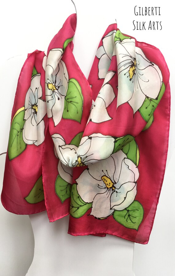 Anniversary One of a Kind Scarf Silk Scarf with Magnolia Hand painted Southern and Bead Design Oyster