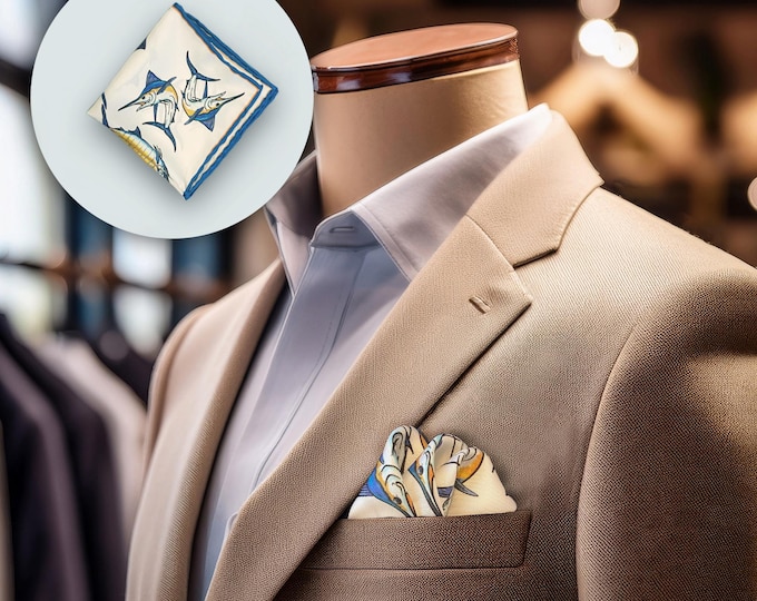 Silk Blue Marlin Pocket Square: Hand-Rolled Hem, Sportfishing Gift for Him