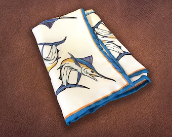 Men's Silk Illustrated Blue Marlin Pocket Square | Hand-rolled Hems | Luxury Pocket Square Gift for Him