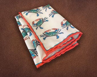 Men's Silk Crab Pocket Square | Illustrated Blue Crab Design | Handmade Luxury Gift