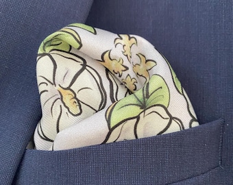 Luxury Grey Silk Pocket Square with Magnolia and Oyster Shell Design | Handmade Luxury Gift for Men