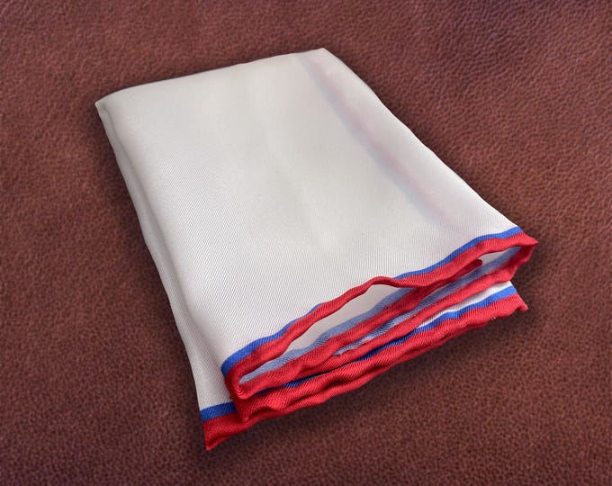 Handmade White Silk Pocket Square: Red & Blue Border, Rolled Hems