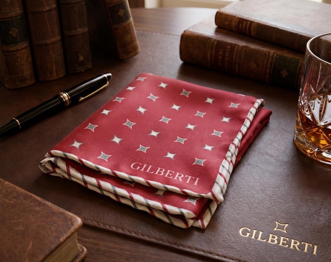 Maroon Silk Pocket Square, Striped Hand-Rolled Hem