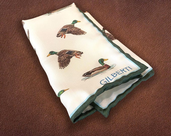 Featured listing image: Silk Mallard Duck Pocket Square | Hand-Illustrated Silk Pocket Square for Men | Elegant and Unique Gift for Men