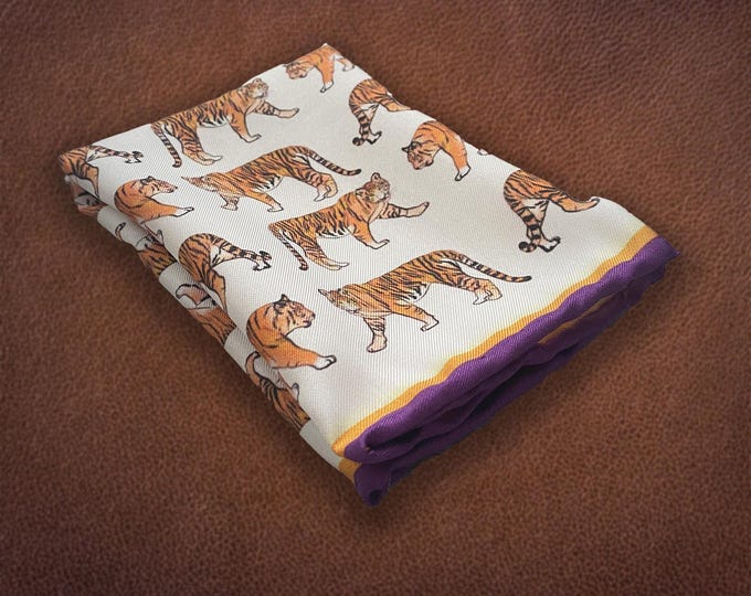 Men's Silk Tiger Pocket Square: LSU Purple and Gold, Hand-Rolled Hems