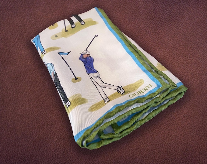 Featured listing image: Men's Silk Illustrated Golf Pocket Square | Handmade | Luxury Silk Handkerchief Gift