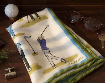 Golf Silk Pocket Square, Handmade with Hand-Rolled Hem
