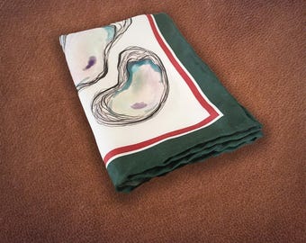 Silk Oyster Pocket Square or Handkerchief with Green and Red border | Handmade Luxury Gift for him