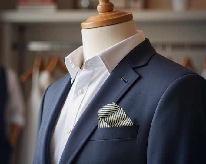 Handmade Green & White Striped Silk Pocket Square: Game Day Style Gift