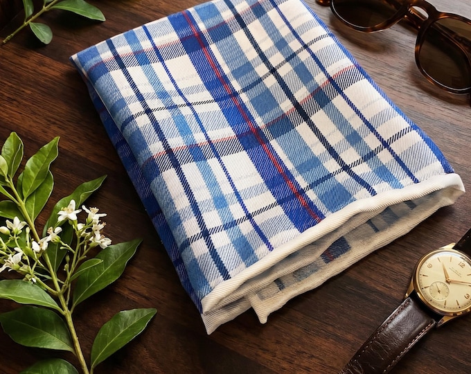 Men's Silk Blue Plaid Pocket Square: Handmade Luxury Silk Handkerchief Gift