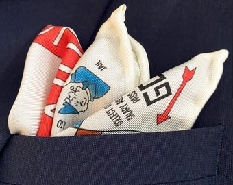 Monopoly-Themed Silk Pocket Square – Classic Game-Inspired Design | Handmade Luxury Gift