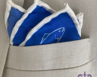 Blue Fish Silk Pocket Square | Handmade Luxury Gift for Him