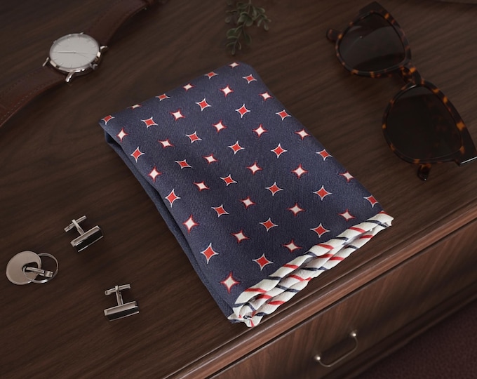 Navy Silk Pocket Square: Red Striped Border, Handmade in Mississippi