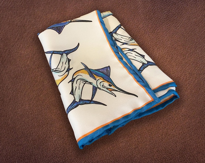 Featured listing image: Men's Silk Illustrated Blue Marlin Pocket Square | Hand-rolled Hems | Luxury Pocket Square Gift for Him