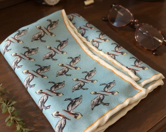 Blue Silk Pelican Pocket Square, Handmade Louisiana Men's Accessory