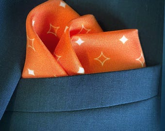 Luxury, Orange Silk Pocket Square with Striped Border | Handmade Silk Pocket Square for Men | Game Day
