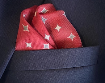 Luxury, Maroon Silk Pocket Square with Striped Border | Handmade Silk Pocket Square for Men | Game Day