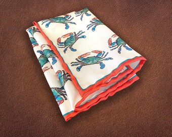 Men's Silk Crab Pocket Square | Illustrated Blue Crab Design | Handmade Luxury Gift