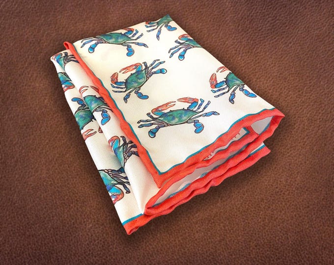Silk Crab Pocket Square | Illustrated Blue Crab Design | Handmade Luxury Gift