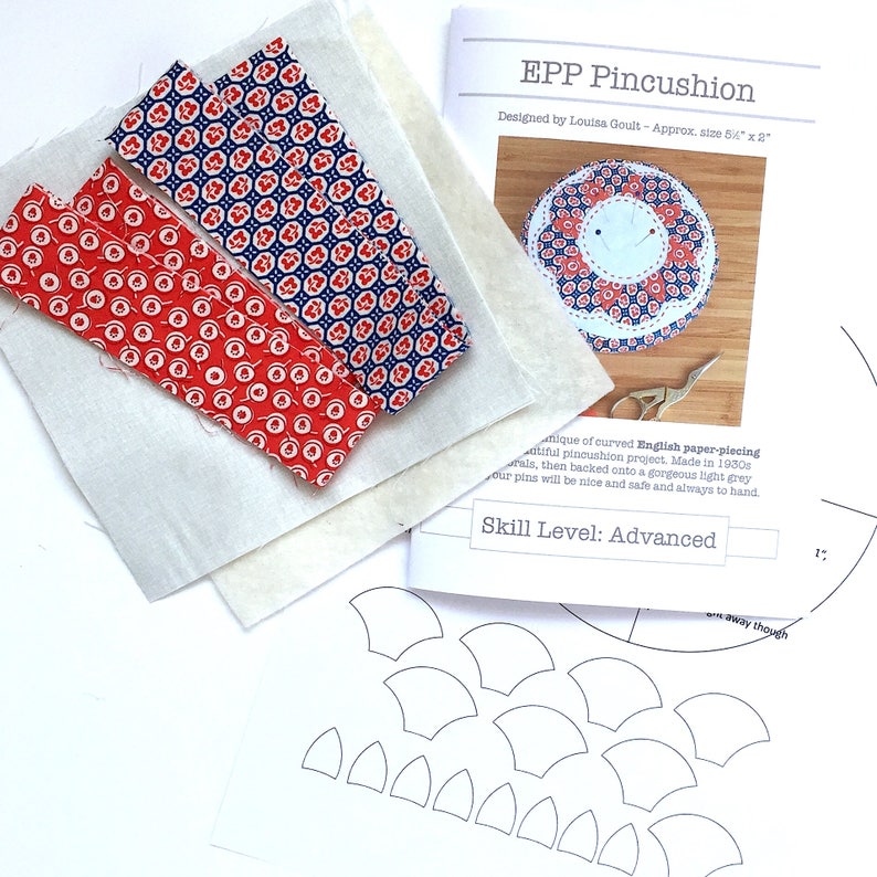 Sewing Kit Craft Kit EPP Pincushion Kit in Blue and Red Vintage Prints English PaperPieced