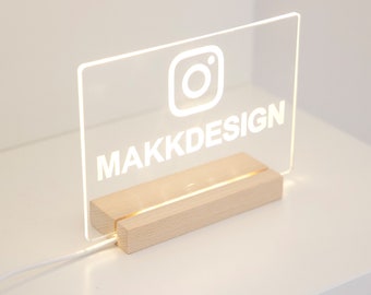 Lampe LED personnalisable Instagram, Acrylique et bois, PLV instagram personnlisable, Signalétique logo instagram, Pancate LED