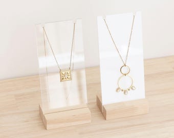 Exhibidores de colgantes y collares de madera y acrílico EMMA, organizador de joyas profesional, soporte de madera para joyas