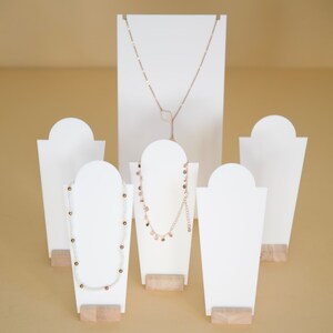 Set of 6 OUTLET necklace and pendant displays, jewelry stand, white acrylic and wood jewelry holder, jewelry holder