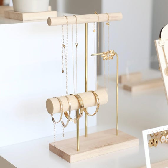 LINDA Schmuckständer - Holz & Goldmessing, Aufbewahrung für Halsketten, Armbänder, Ohrringe, Boutique Organizer
