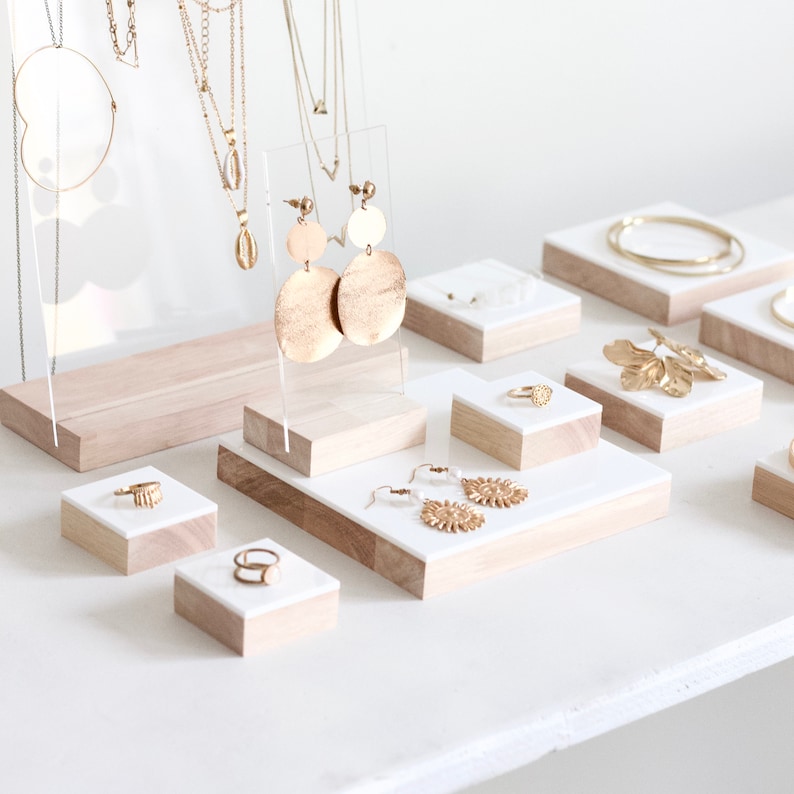 Plateaux en bois et acrylique blanc brillant, présentoirs à bijoux, blocs en bois pour bijoux, organisateur de bijoux image 4
