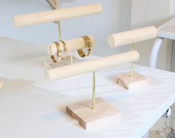 Set mit 3 OUTLET-Armbandhaltern, Schmuckhalter aus Holz und Gold, Schmuckausstellungsstand, professionelle und Designer-Schmuckdisplays