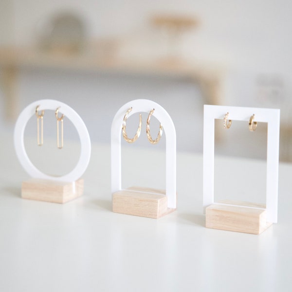 Set of 3 White Acrylic and Wood Earring Display Stands - Jewelry Display Stands for Jewelry Boutiques and Brands.