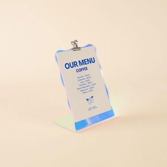 Présentoir A6 Transparent FRED, Chevalet Ondulé Holographique avec Pince Métallique pour Cartes, Flyers, Menus et Photos