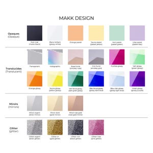 May include: A chart showing different color and finish options for glass. The options include opaque, translucent, mirror, and glitter. The colors include black, white, orange, yellow, green, purple, rose, gray, fuchsia, and blue.