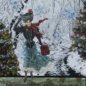 May include: A woman in a blue dress and red scarf walks through a snowy forest. The trees are covered in snow and icicles. The text "Faint murmurs from the pine trees reach my ear" is at the bottom of the image.