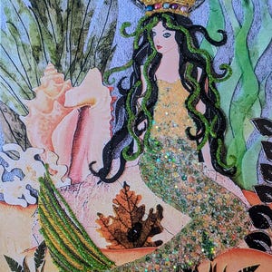 Luxury Handmade Embellished Greeting Card, Black Haired Mermaid Art Card