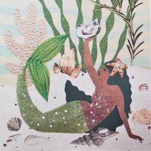 Black Mermaid Greeting Card, Handmade Glitter Embellished Mermaid Note Card, Recycled Paper Wall Art, Unique Gifts for Her