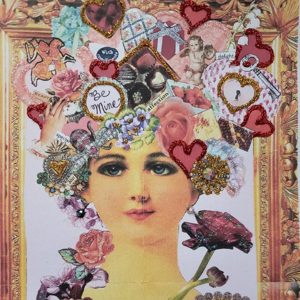 Vintage Valentine Card,Valentine Beauty Card, Valentine Beauty Card, Glitter Embellished