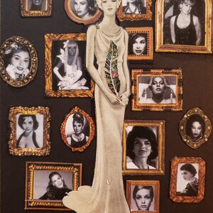 May include: A collage of framed portraits of women in various styles and poses. The central figure is a woman in a long, white dress holding a feather. The frames are gold and ornate.