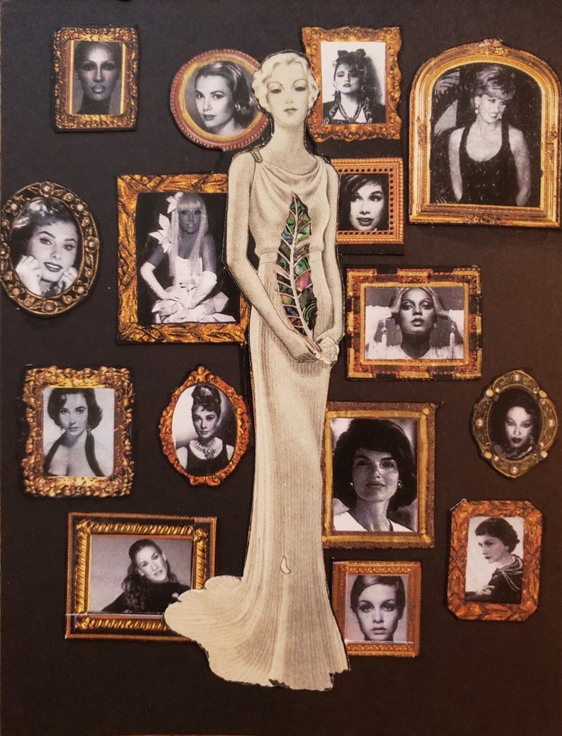 May include: A collage of framed portraits of women in various styles and poses. The central figure is a woman in a long, white dress holding a feather. The frames are gold and ornate.
