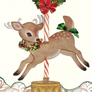 Retro Christmas Carousel Deer Card, Glitter Jewels Embellished